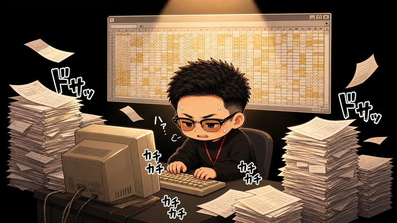 紙の山と表計算の前で、汗をかきながら手打ちする先生