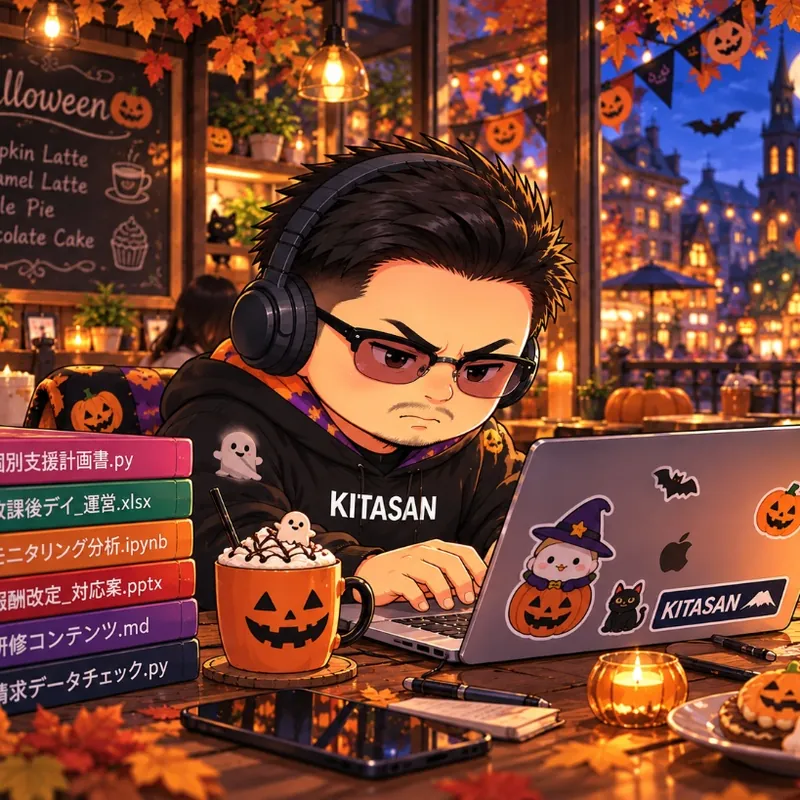 KITASAN のイメージ。メガネとヘッドホンで、季節の景色の中でノートパソコンに向かうイラスト